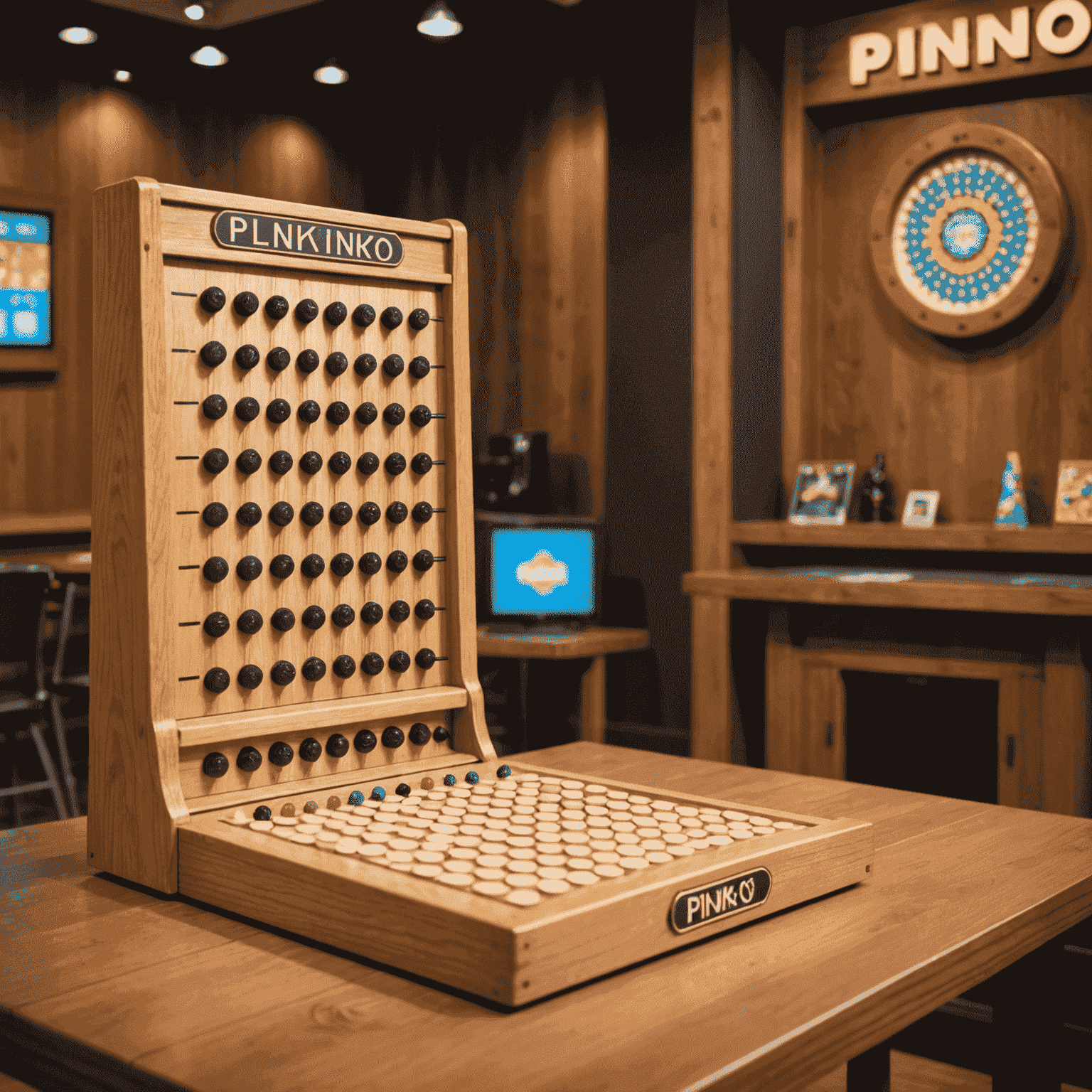 A split image showing a TV game show Plinko segment on one side and a wooden Plinko board game on a table on the other side, illustrating the evolution of the game