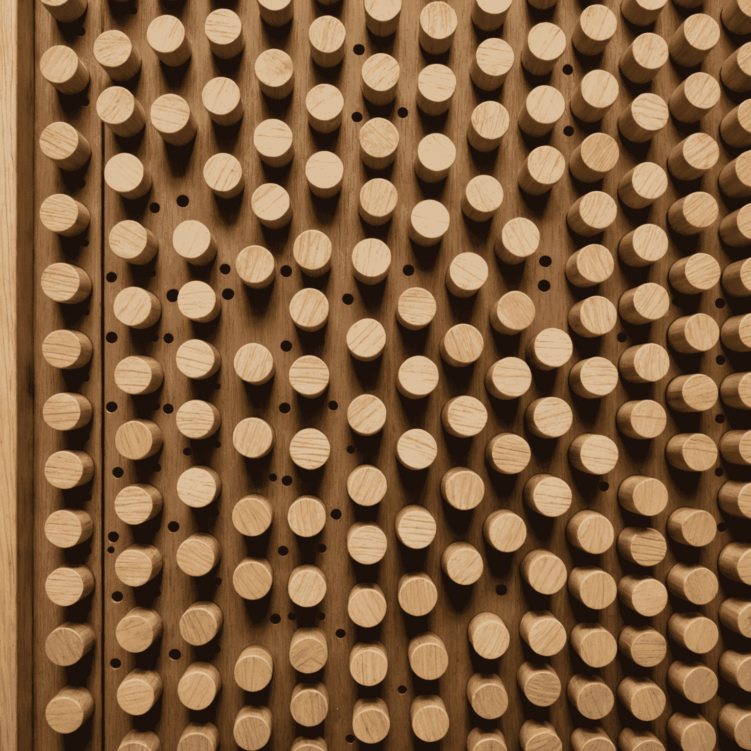 Close-up of a Plinko board showing the intricate arrangement of wooden pegs and the slots at the bottom