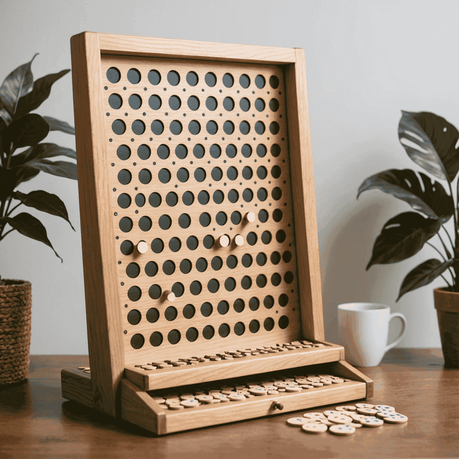 A beautifully crafted wooden Plinko game set displayed on a table, showcasing the board, discs, and elegant wooden frame