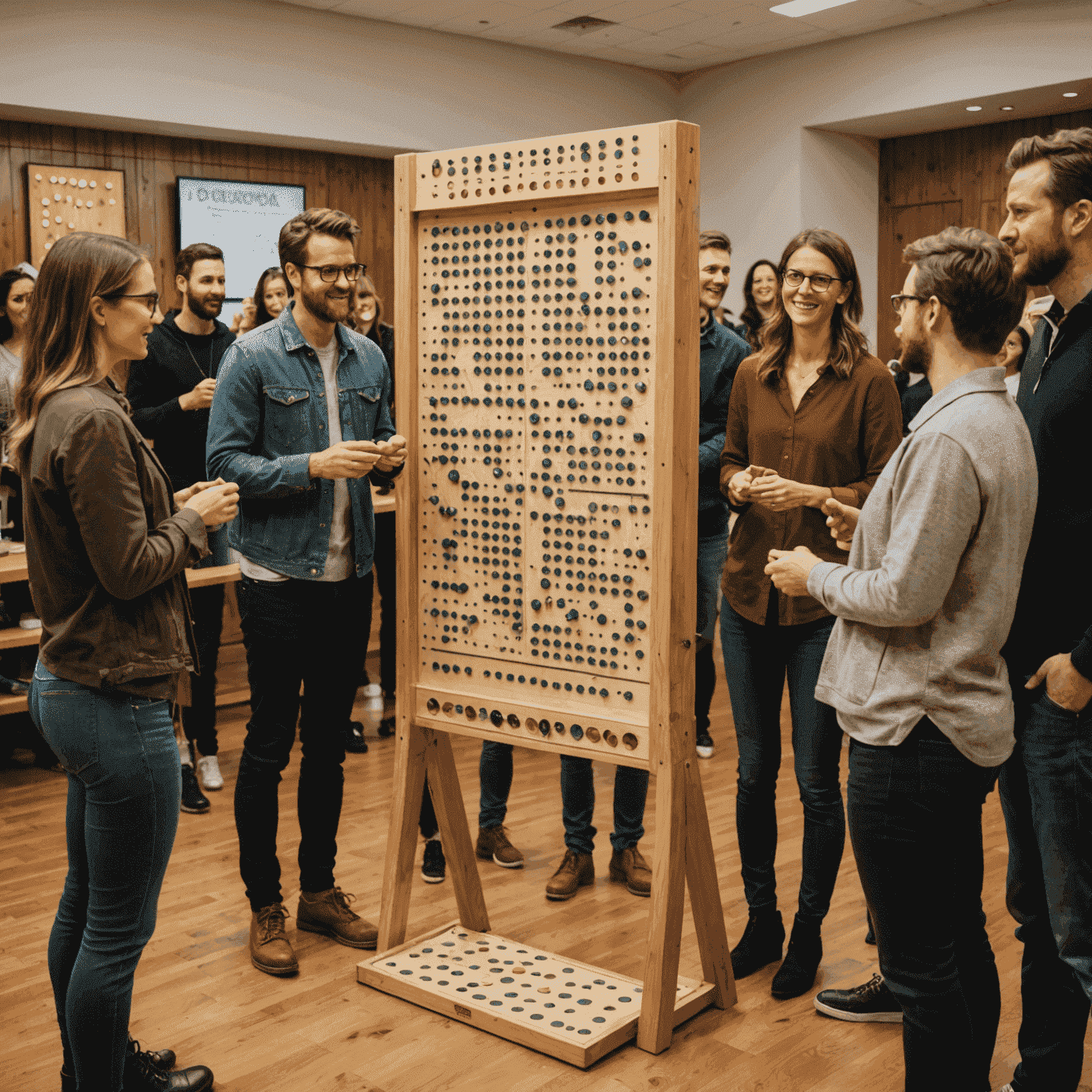 A group of people gathered around a wooden Plinko board, practicing different strategies and observing chip movements